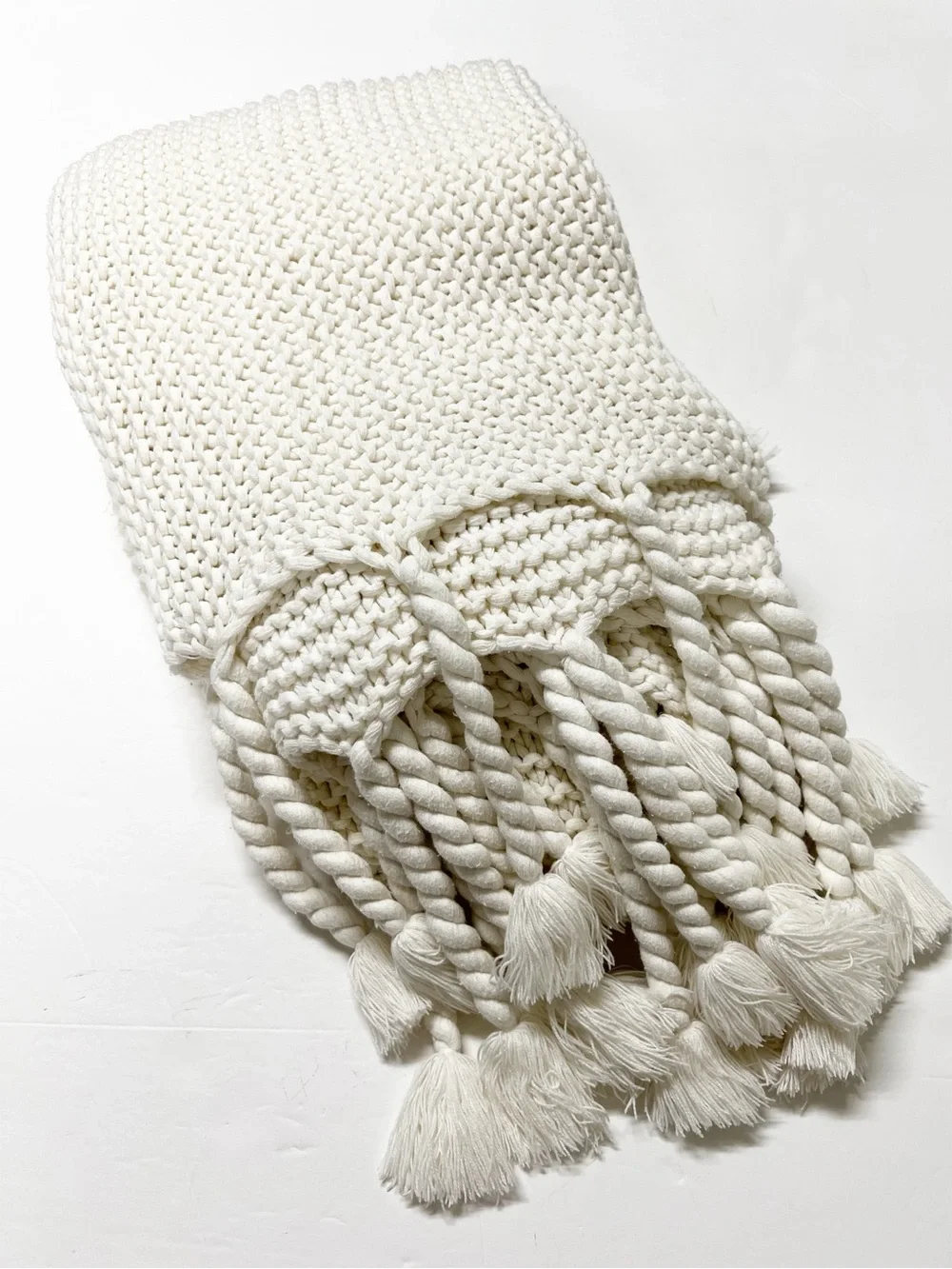 West Elm Home Soft Cream Chunky Knit Braided Fringe Throw Blanket 42